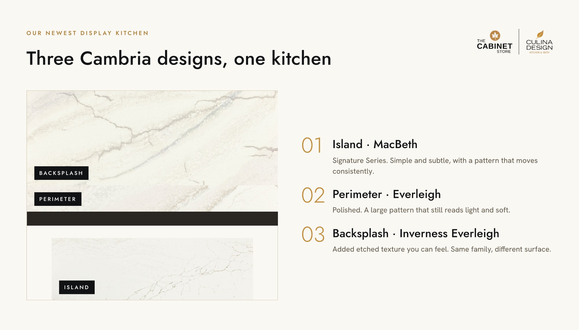 How to mix three Cambria designs in one kitchen: MacBeth island, Everleigh perimeter, Inverness Everleigh backsplash