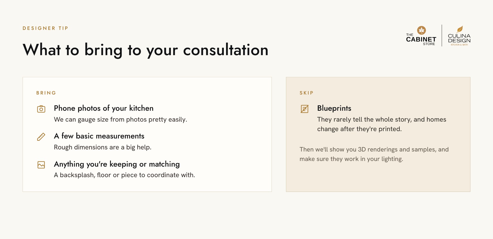 What to bring to a Cambria countertop consultation: photos, basic measurements, and anything you are matching. Skip blueprints.