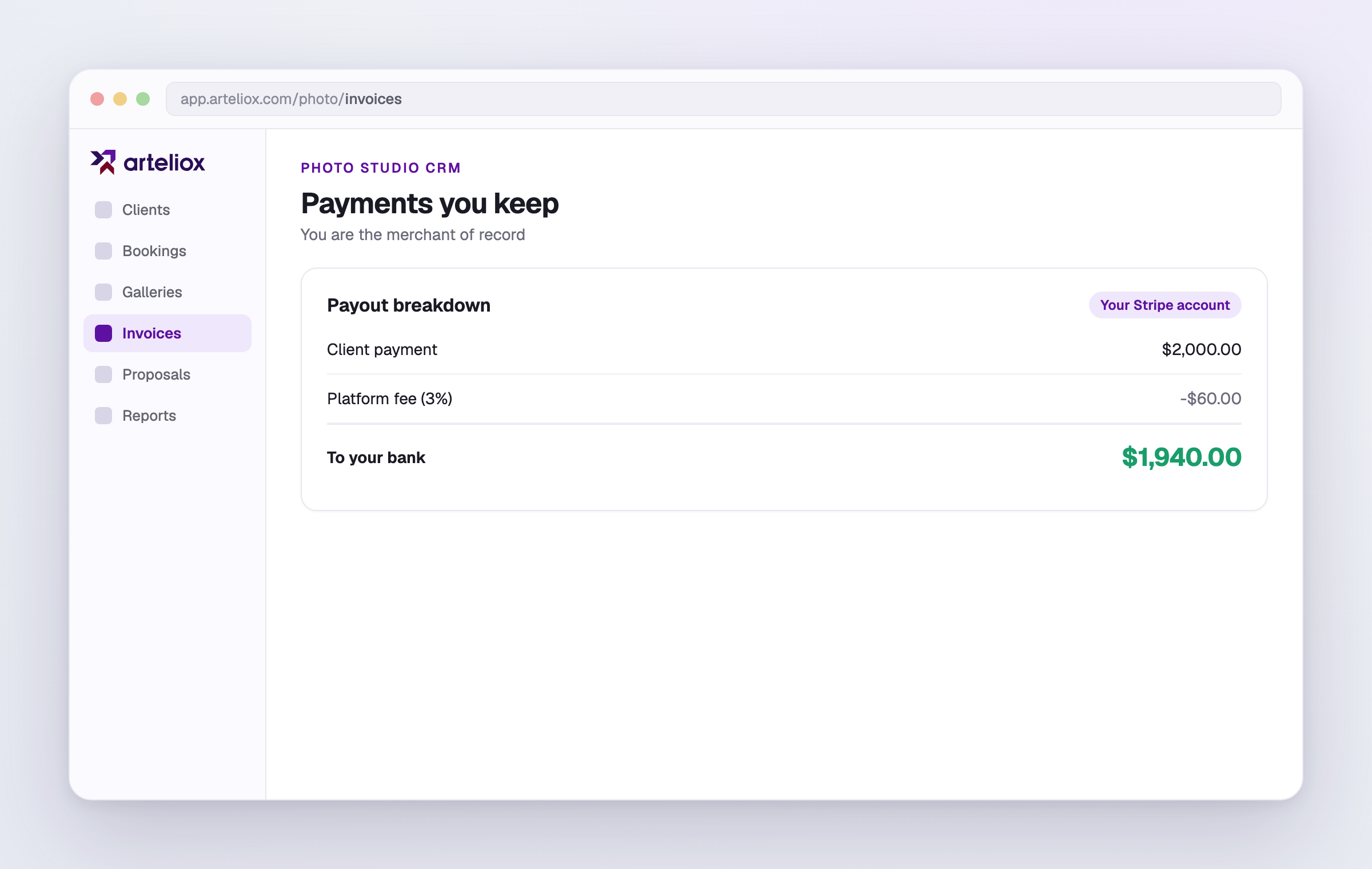 Client payments flowing straight to your connected Stripe account.