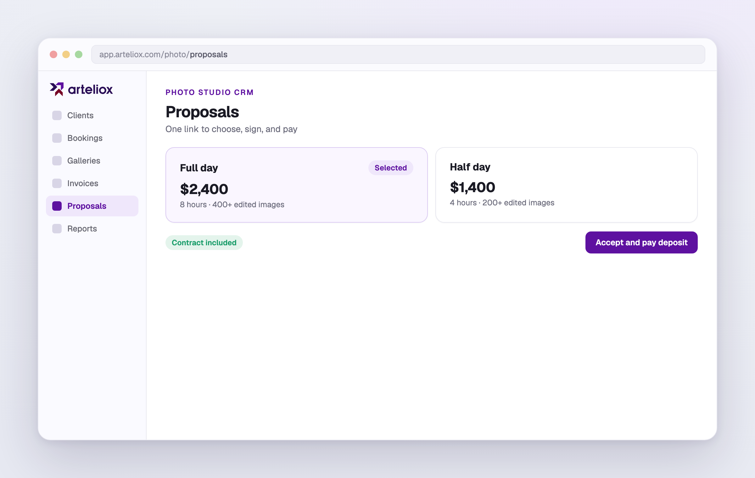 A client proposal with selectable packages and a payment plan.