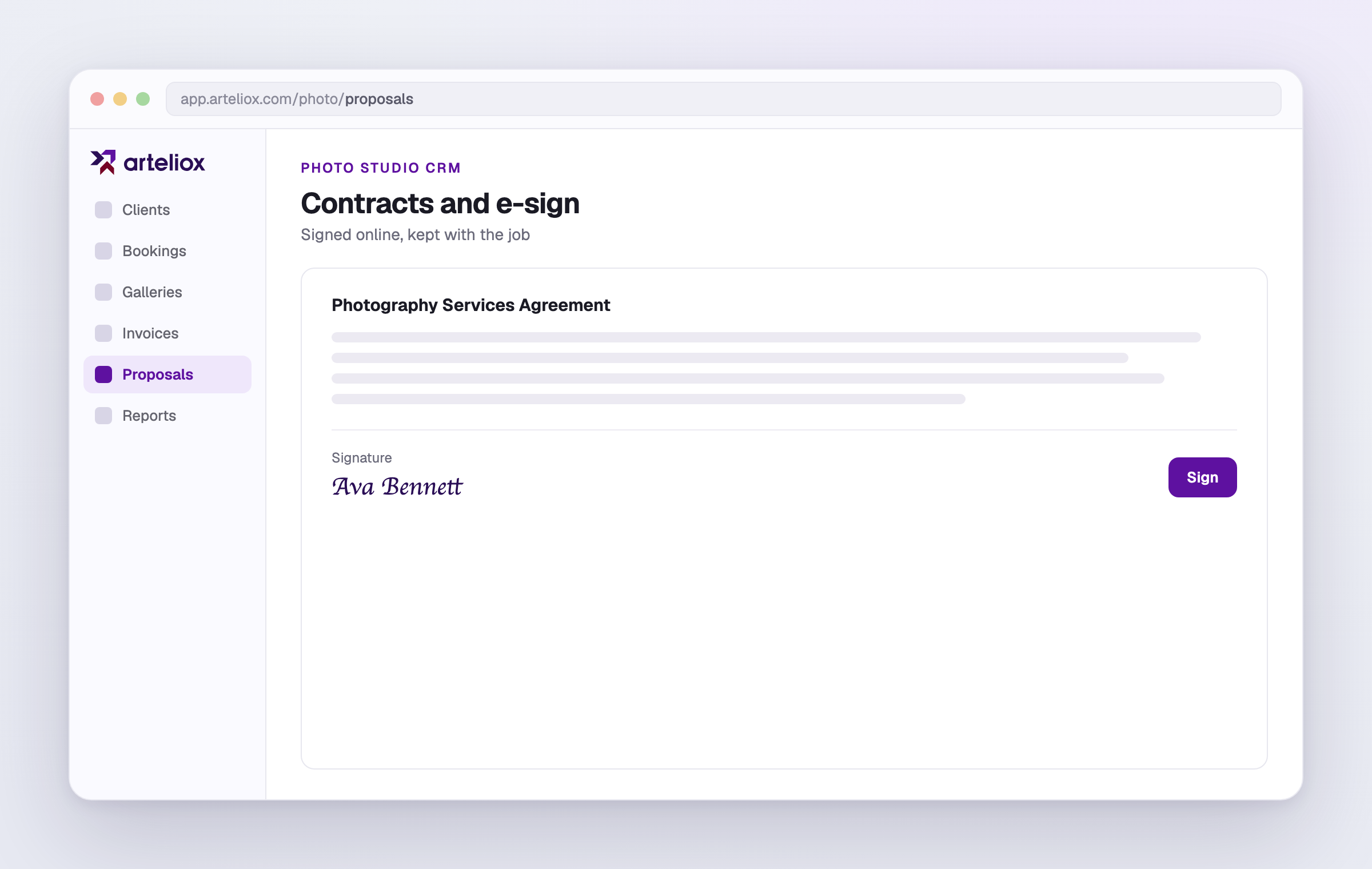 A contract ready for the client to sign online.
