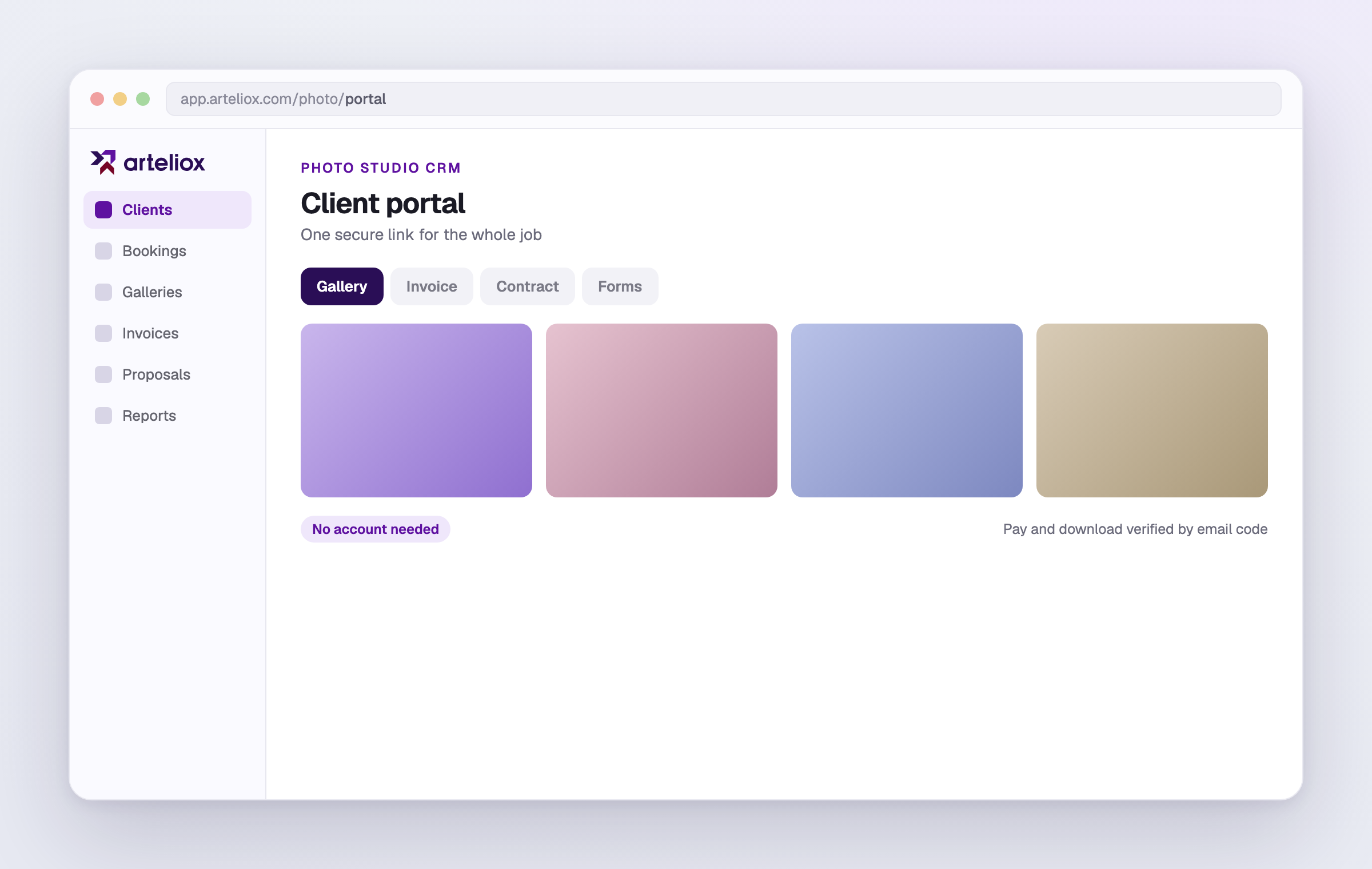 A client portal showing the gallery, invoice, and contract for one job.