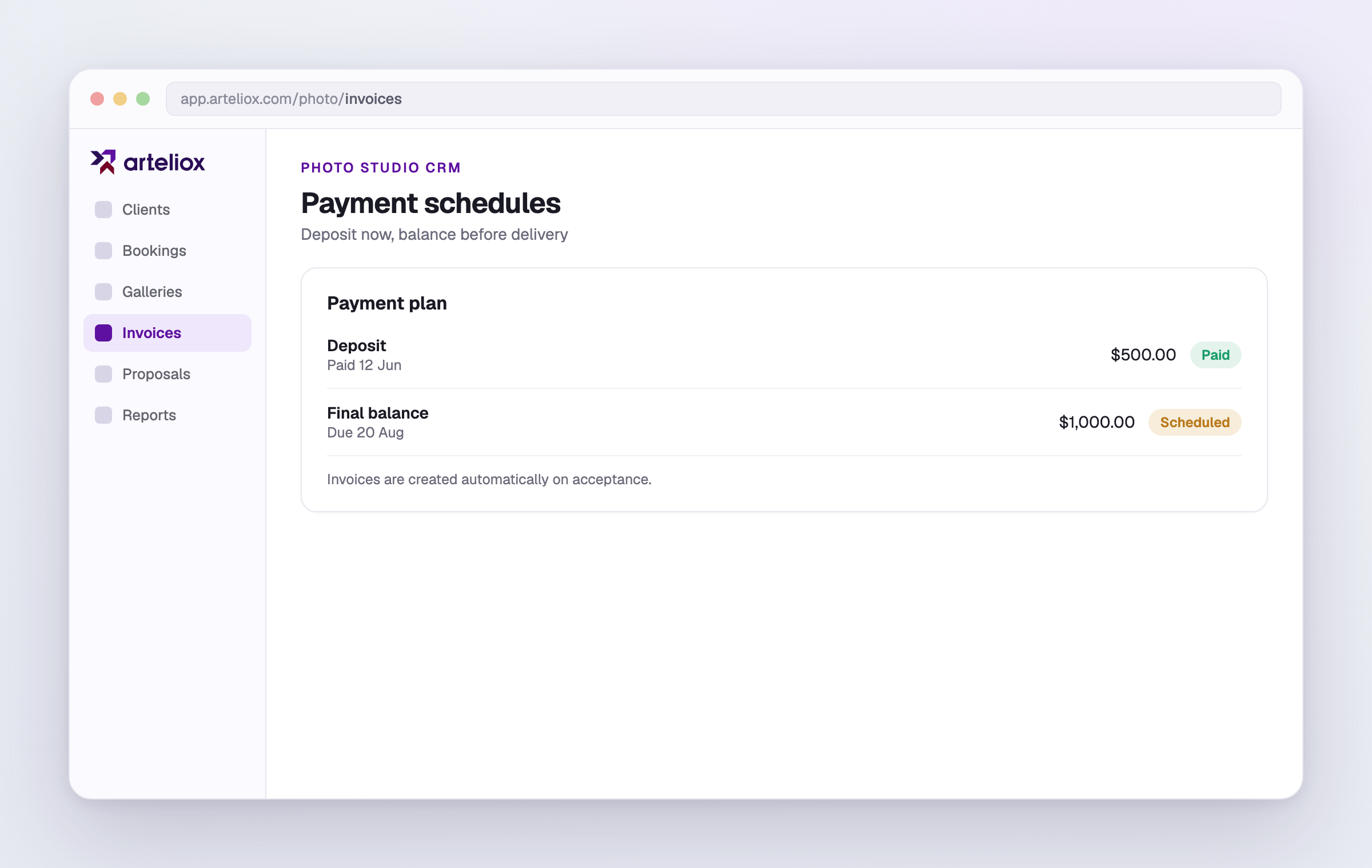 A deposit and final balance schedule attached to a job.