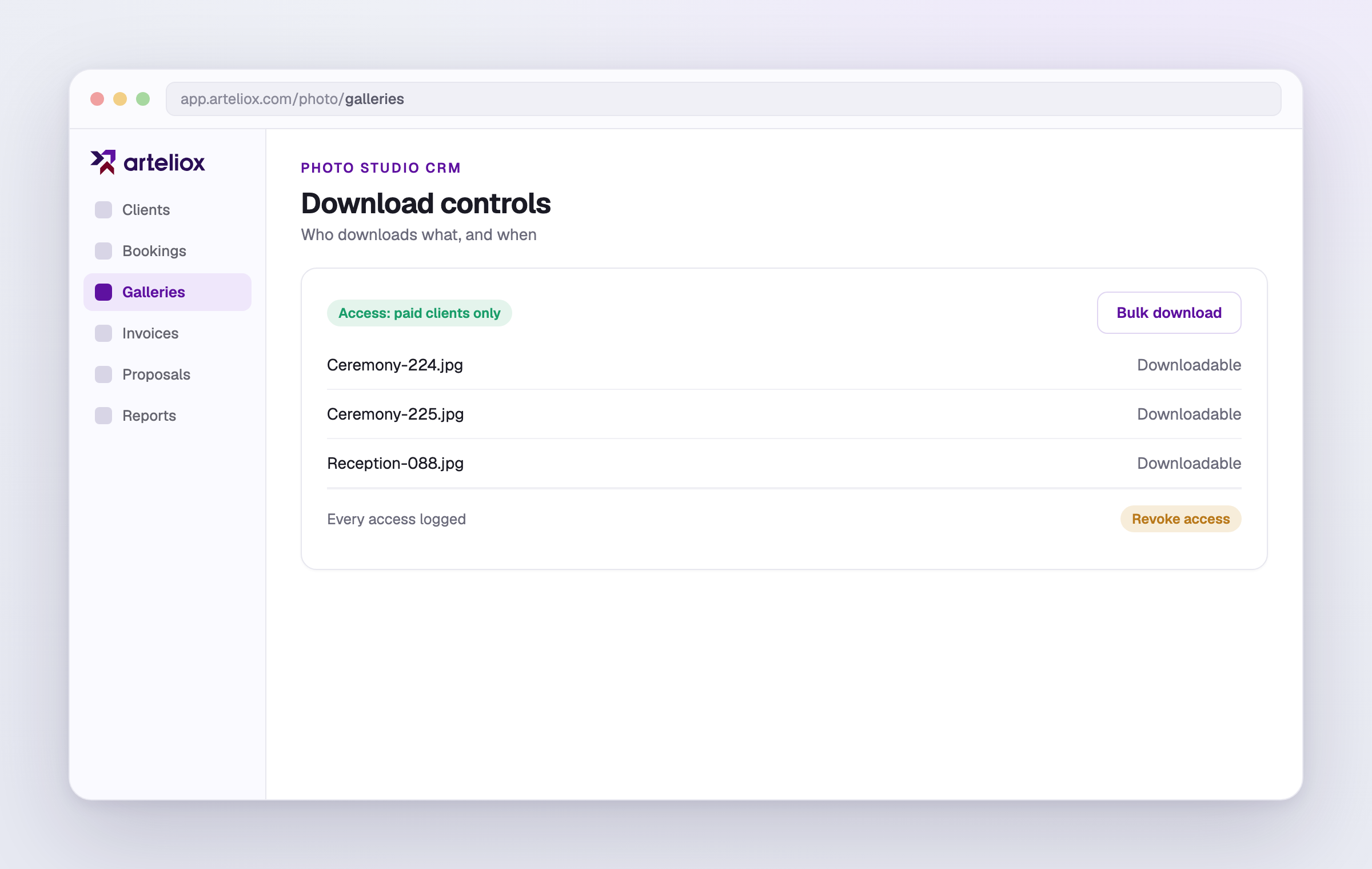 Download settings for a delivered gallery, gated and logged.