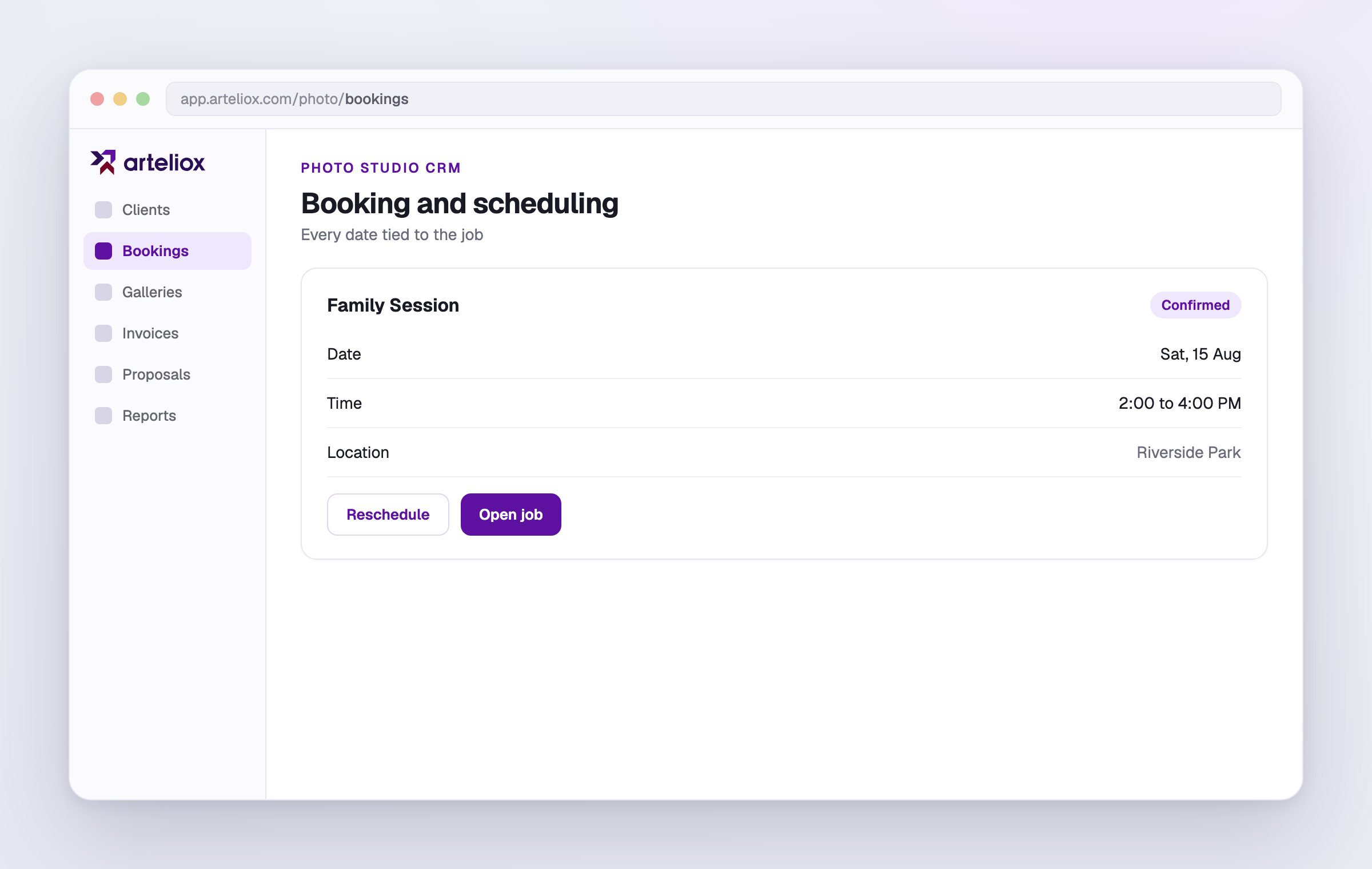 A shoot booking with its date window on the client's job.