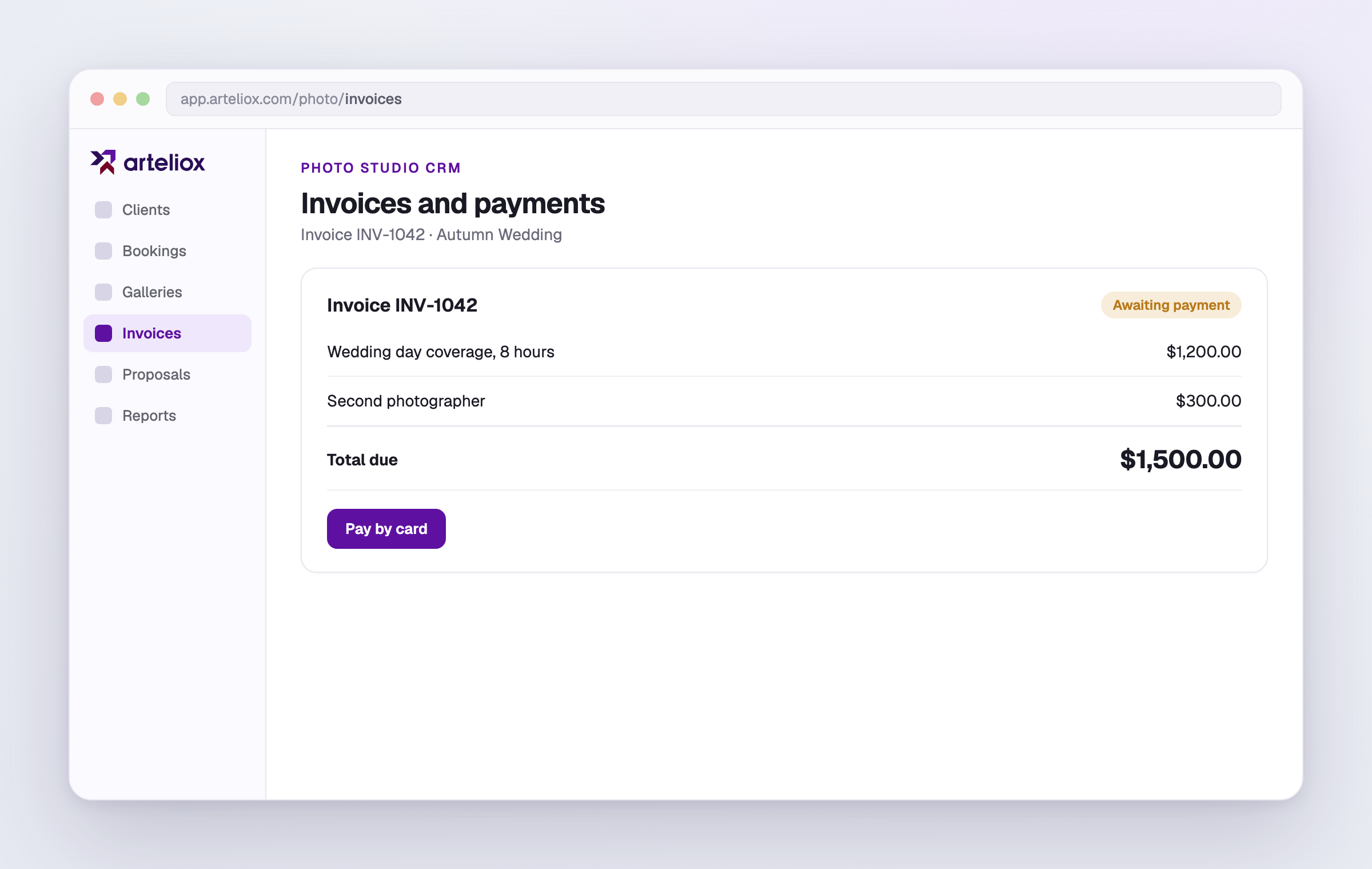 An itemized invoice in Arteliox, ready to send and pay by card.