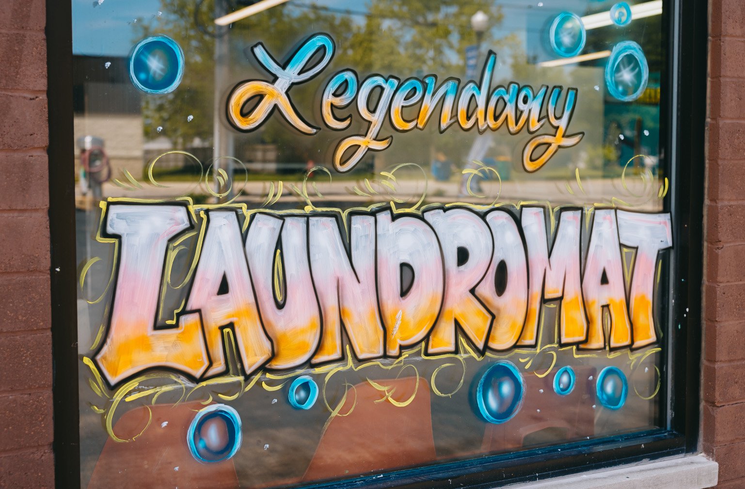 Legendary Laundromat interior background for closing call-to-action, Cortland IL