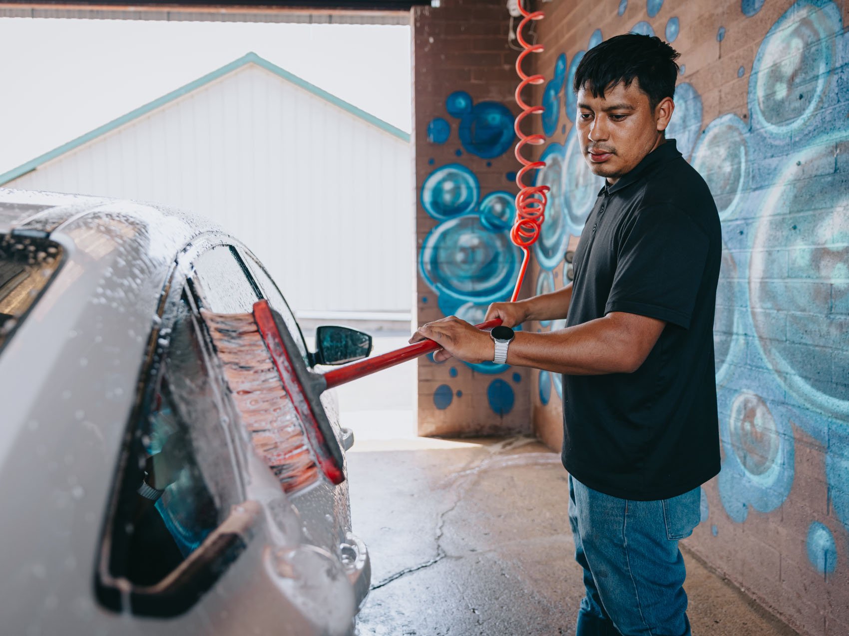 Legendary Car Wash bubble mural exterior at Cortland IL