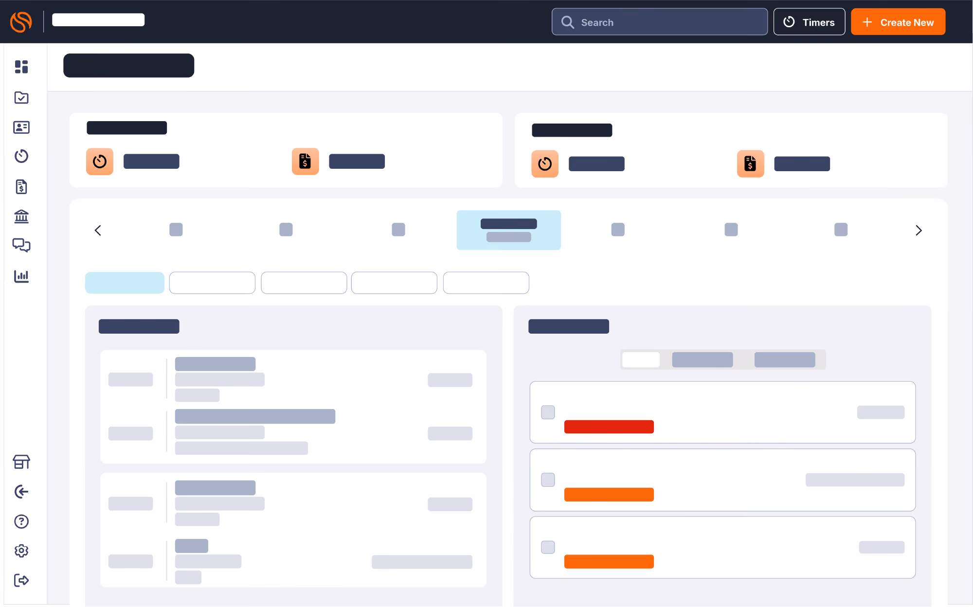 Dashboard interface with navigation icons, search bar, timers button, and data panels in a grid layout.