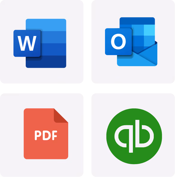 Icons of Microsoft Word, Outlook, red PDF file, and QuickBooks logo in a grid.