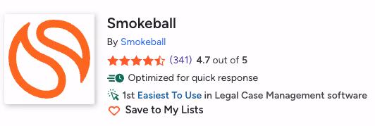 Smokeball logo with 4.7-star rating, noted for quick response and ease of use in legal case management.