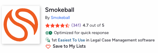 Smokeball logo with 4.7-star rating, noted for quick response and ease of use in legal case management.