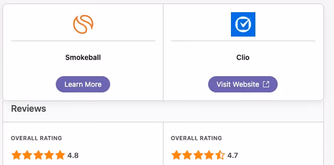 Comparison of Smokeball and Clio with ratings 4.8 and 4.7 stars and buttons to learn more or visit website.
