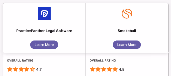 Comparison of PracticePanther Legal Software 4.7 stars and Smokeball 4.8 stars with learn more buttons.
