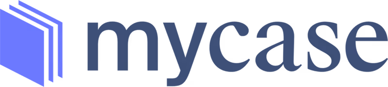 Blue icon of three overlapping folders to the left of the text mycase in dark blue letters.