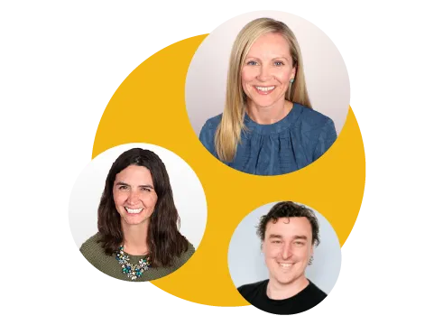 Three smiling professionals in circle frames over a yellow circular shape on white background.