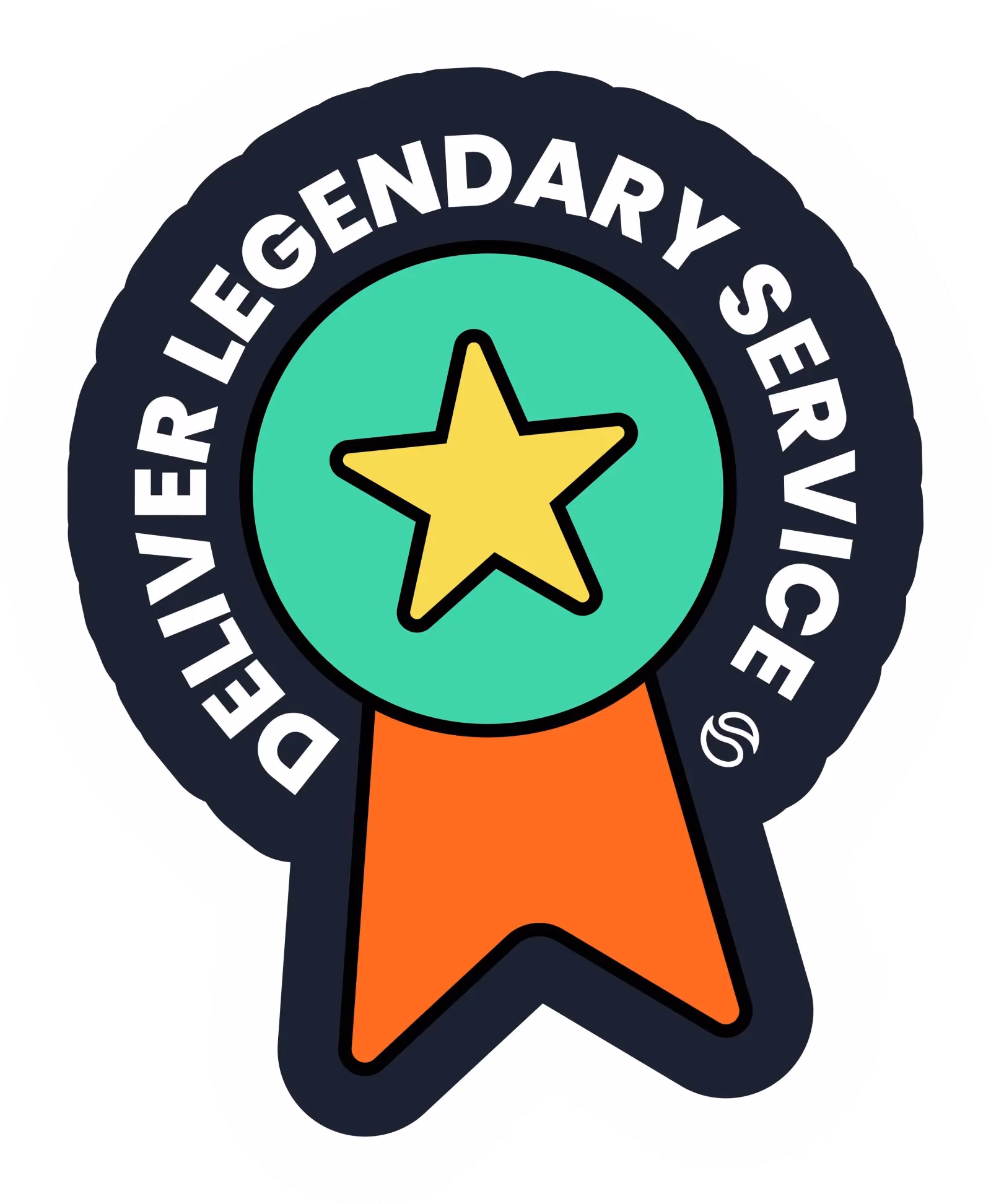 Ribbon badge with yellow star and text Deliver Legendary Service around it.