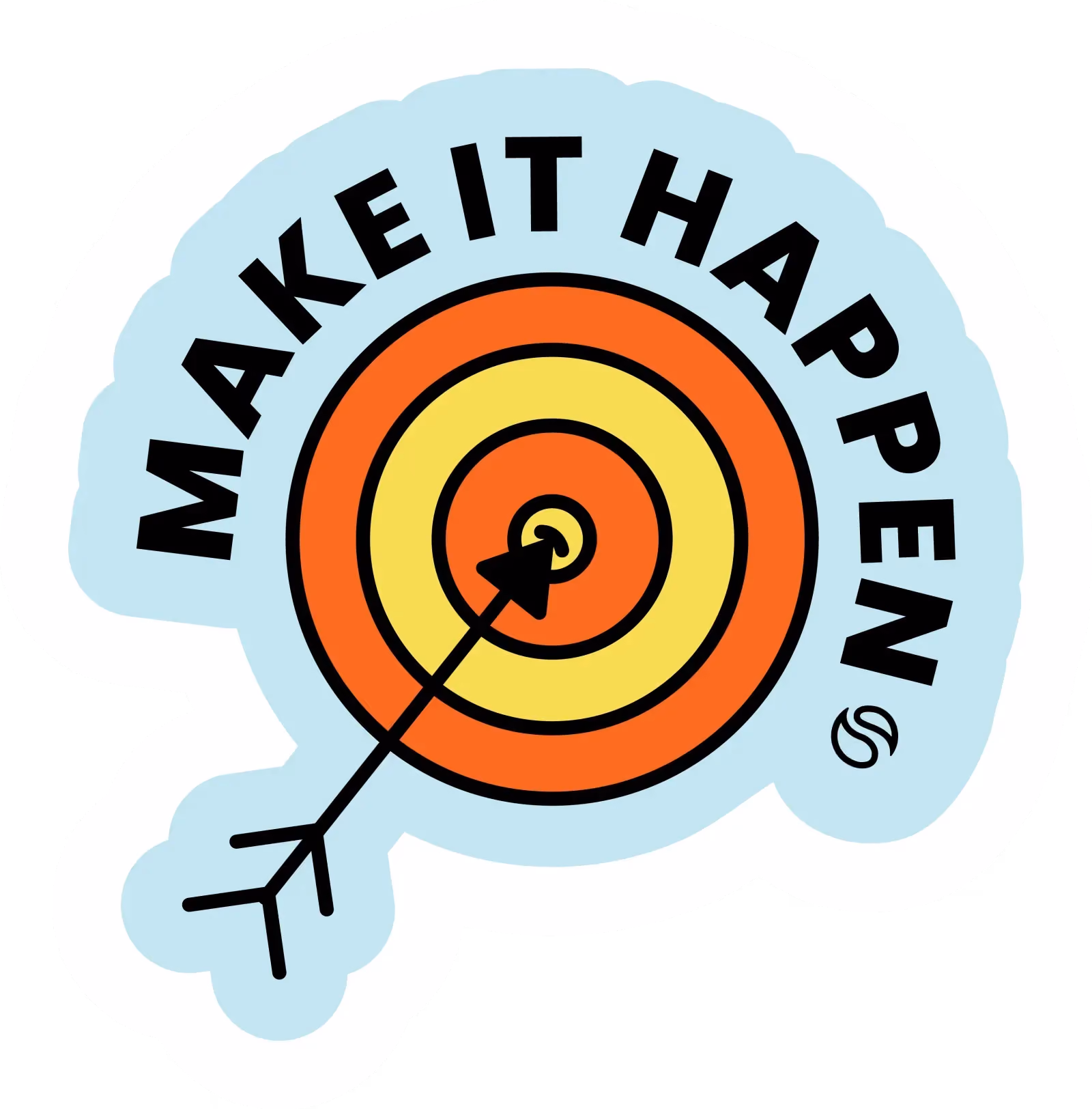 Arrow hitting the center of a red and yellow target with the text Make It Happen above.
