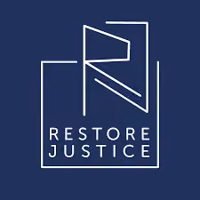 White Restore Justice logo with stylized letters RJ on a dark blue background.