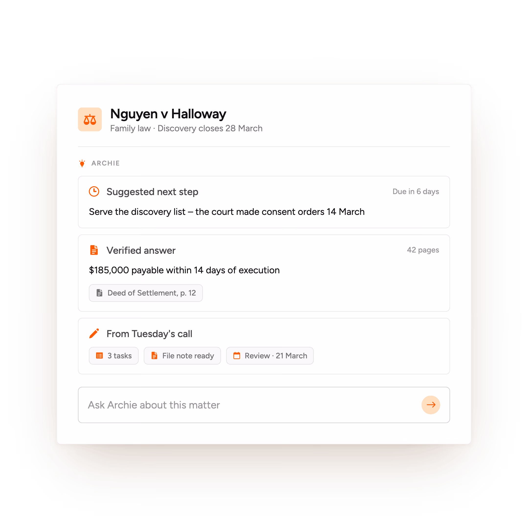 Legal case summary showing suggested next step, verified answer with settlement payment, and notes from Tuesday's call.