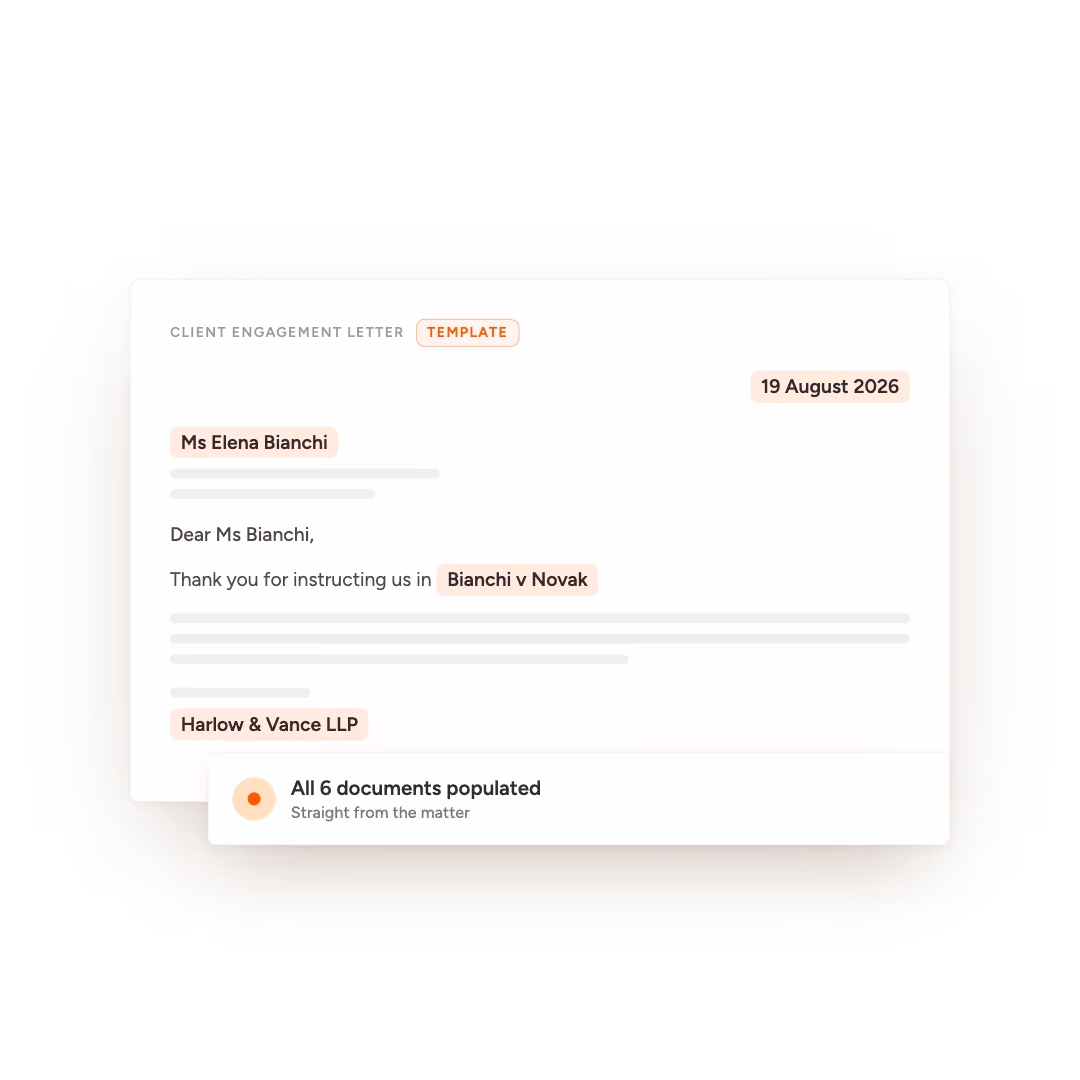Client engagement letter template addressed to Ms Elena Bianchi dated 19 August 2026 from Harlow & Vance LLP.