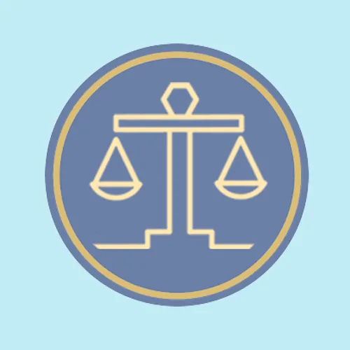Gold balance scale icon inside a blue circle with gold border on light blue background.