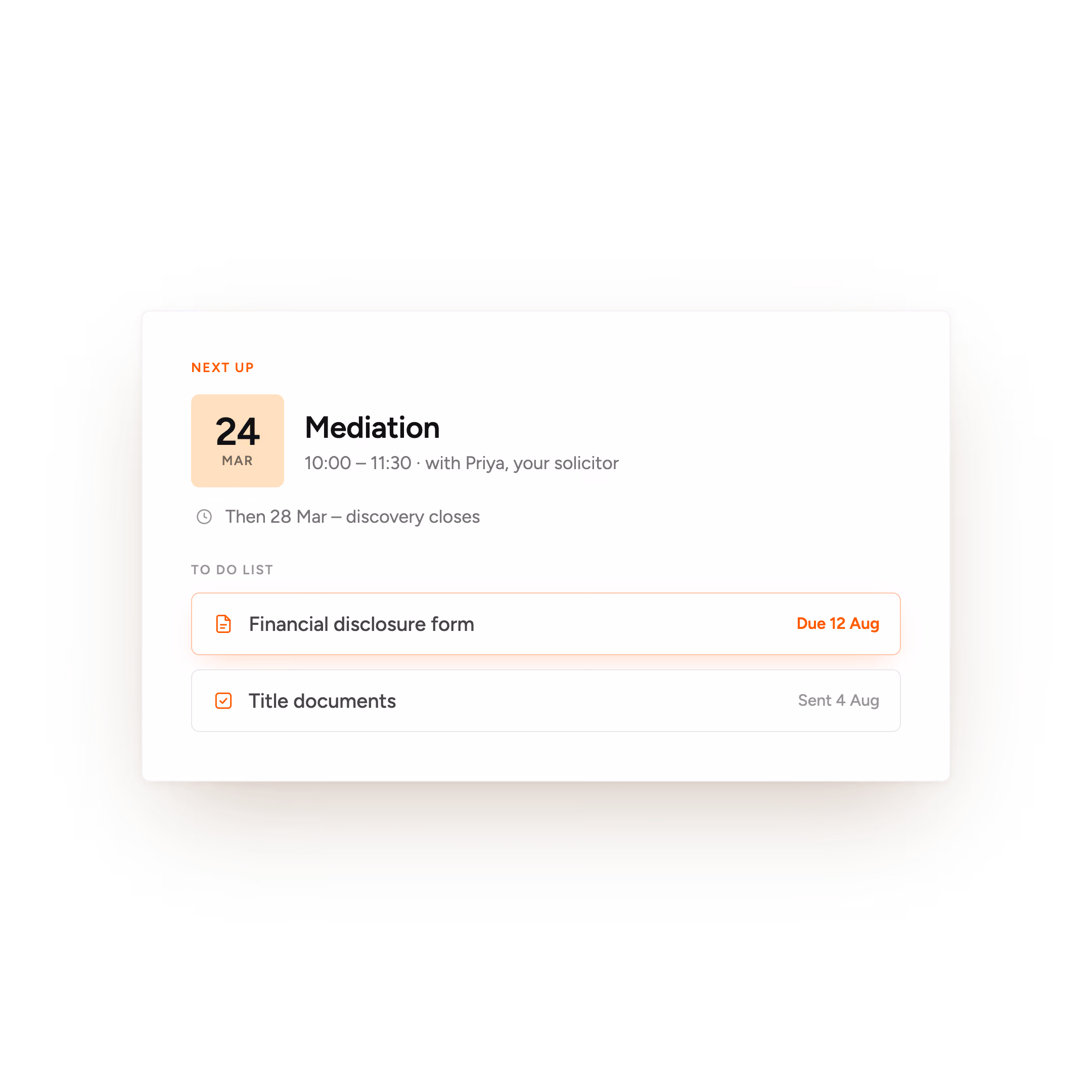 Upcoming mediation on March 24, 10:00–11:30 with solicitor Priya, tasks include financial form due and title documents sent.