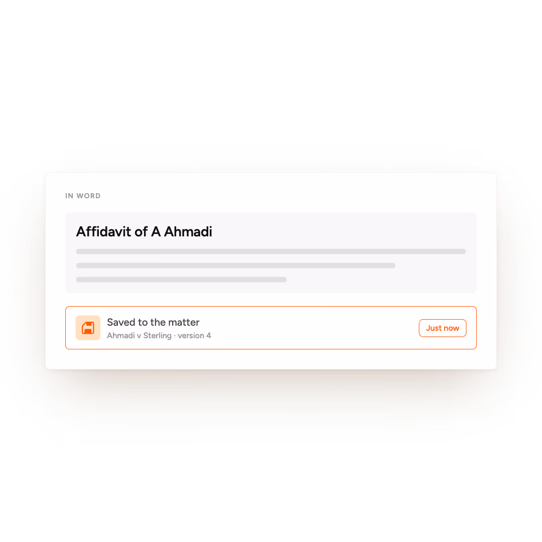 A notification card showing 'Affidavit of A Ahmadi' saved to matter Ahmadi v Sterling, version 4.