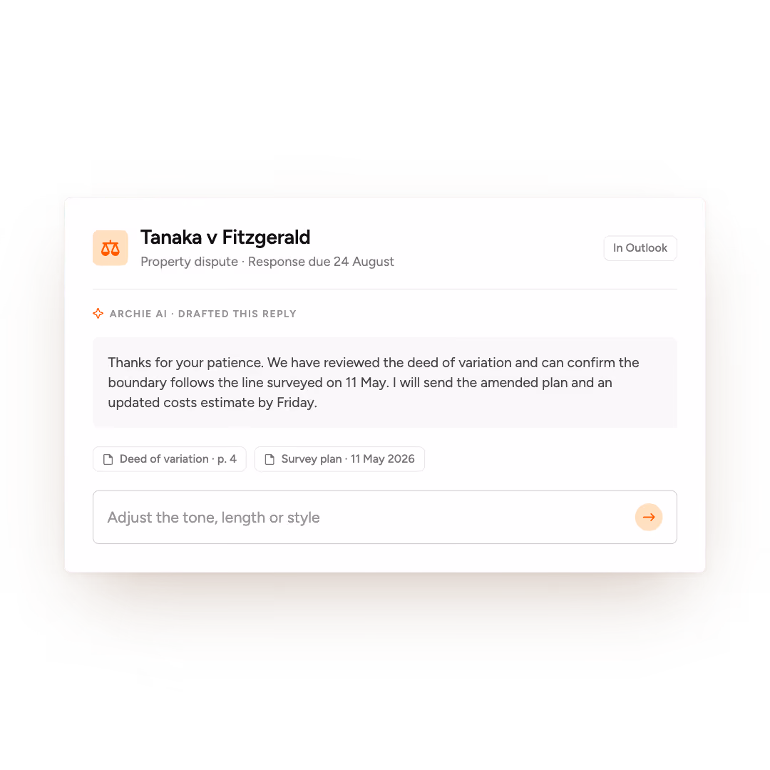 Email draft in a property dispute case from Tanaka to Fitzgerald tracking deed review and boundary confirmation.