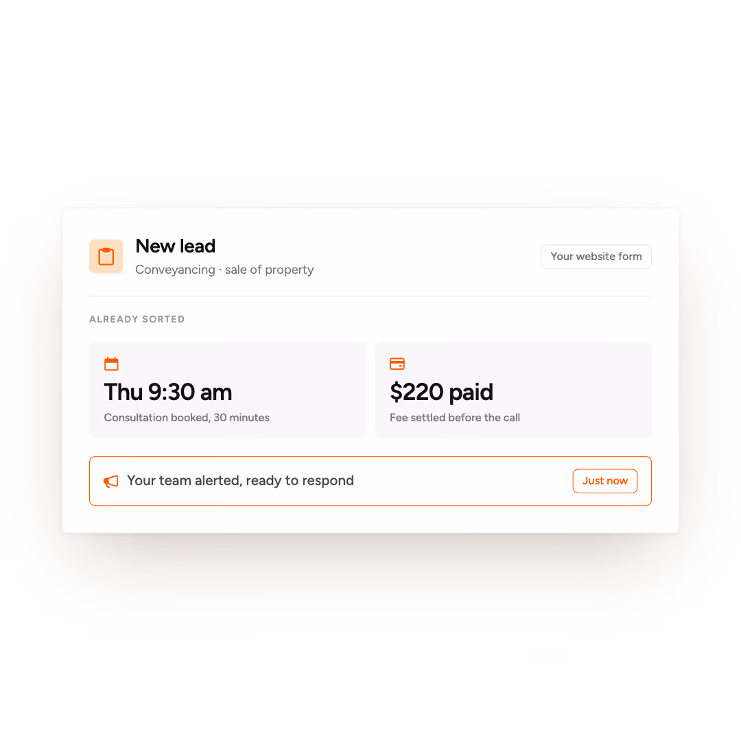 New lead card showing consultation booked Thu 9:30 am and $220 paid, team alerted and ready to respond.