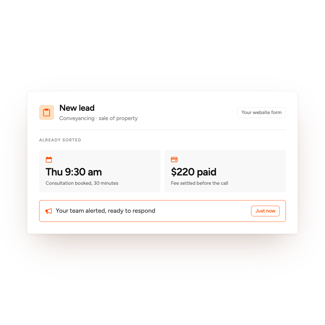 New lead card showing consultation booked Thu 9:30 am and $220 paid, team alerted and ready to respond.