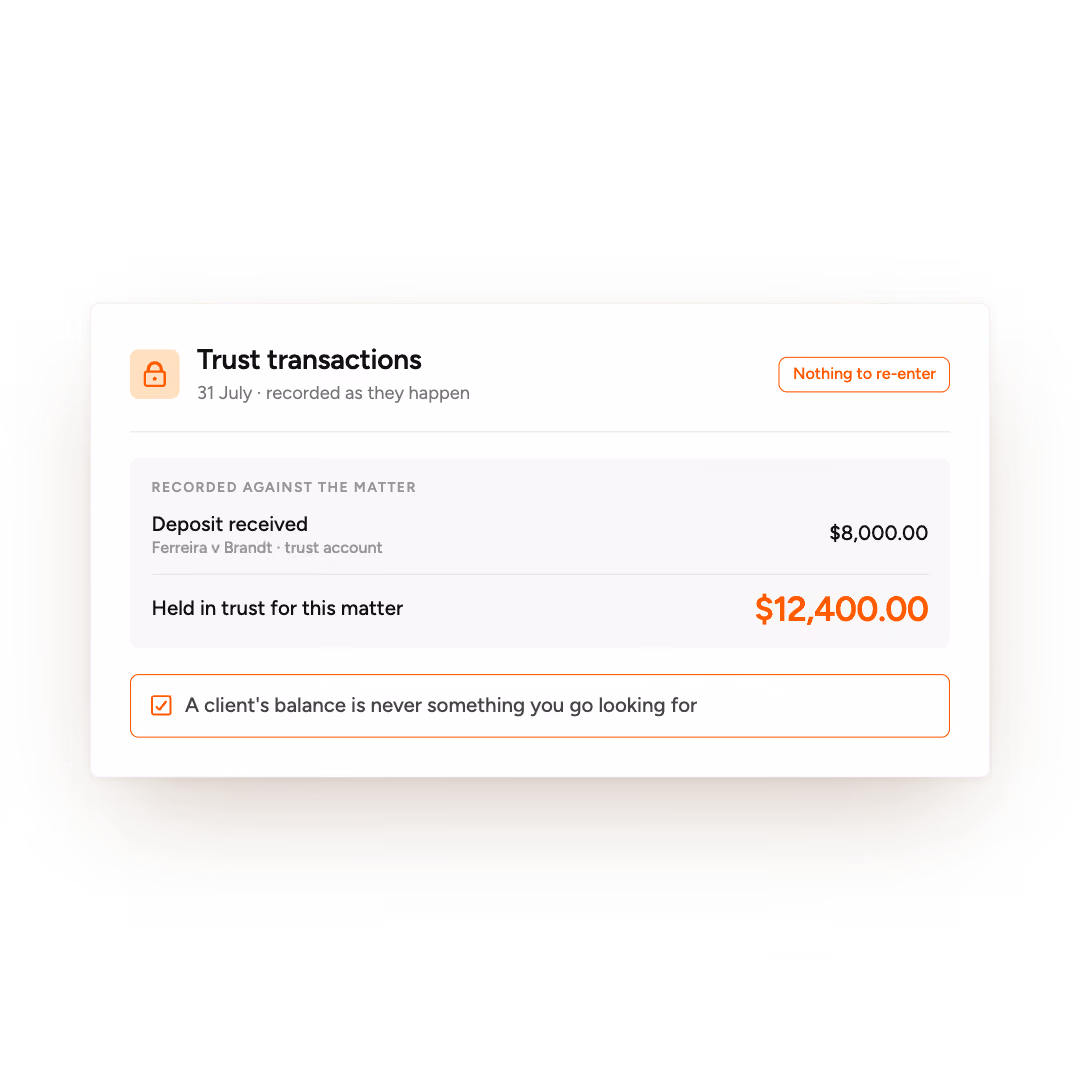 Trust transactions record showing $8,000 deposit received and $12,400 held in trust for Ferreira v Brandt.