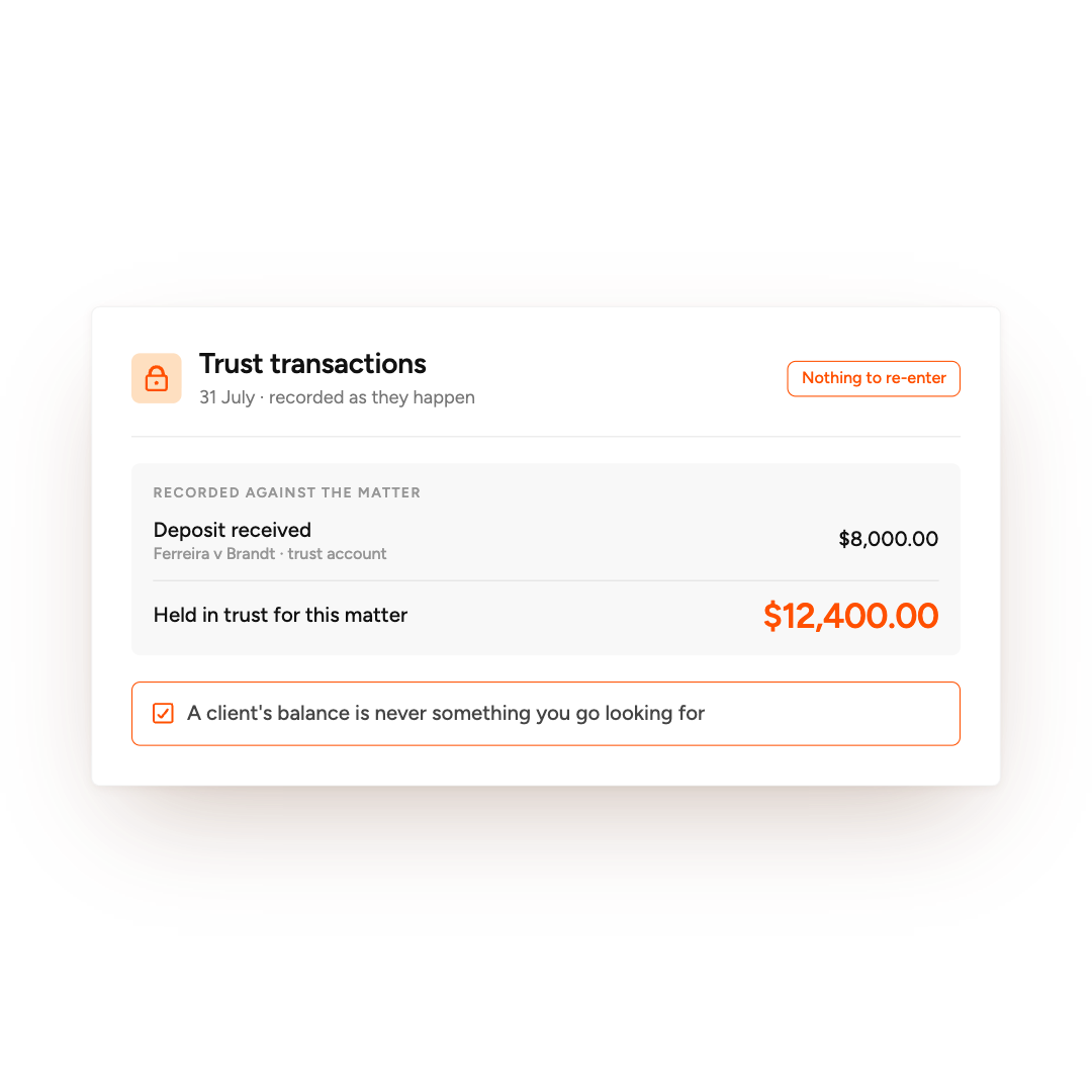 Trust transactions record showing $8,000 deposit received and $12,400 held in trust for Ferreira v Brandt.