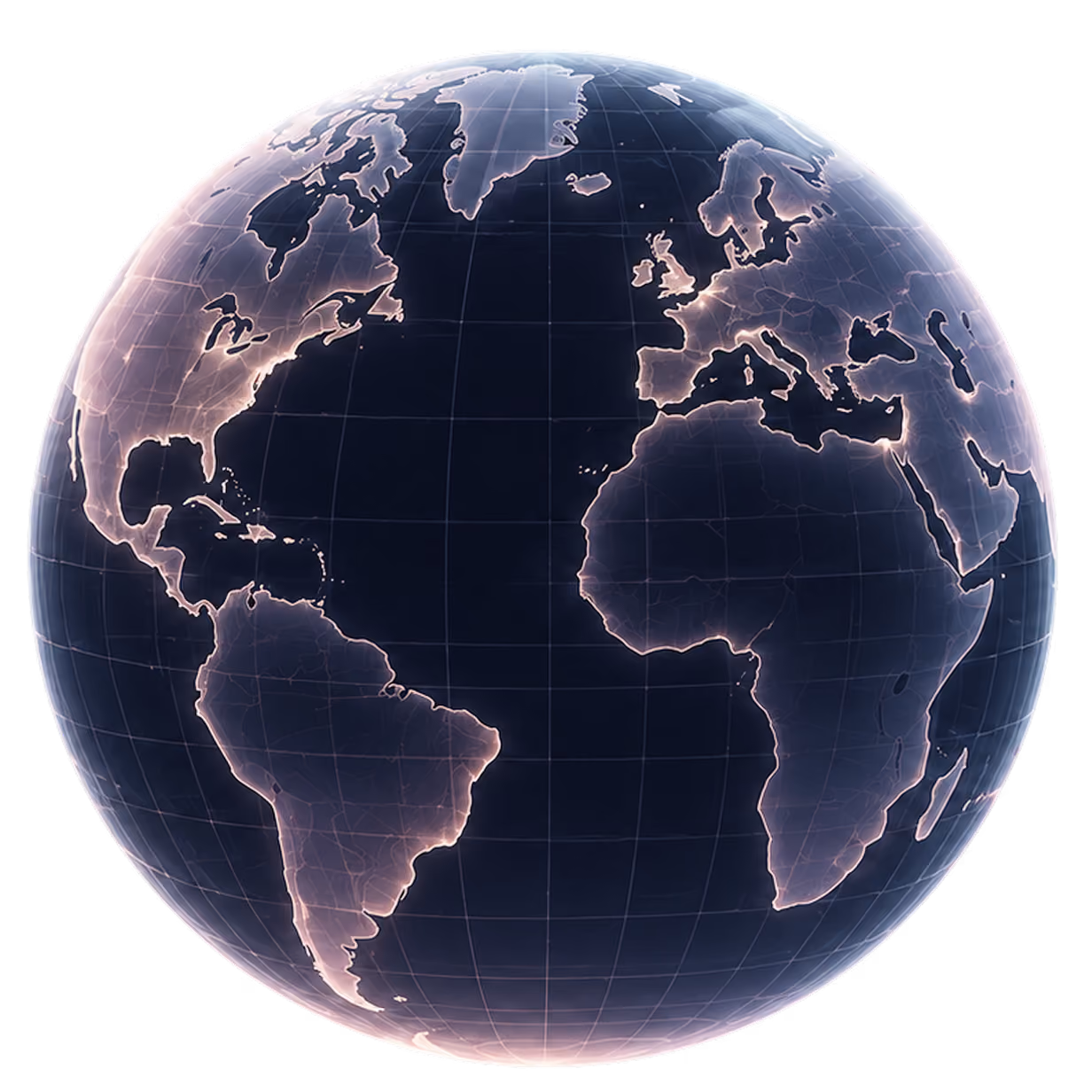 Globus zeigt Nord- und Südamerika, Afrika und Europa mit leuchtenden Konturen auf dunklem Hintergrund mit einem Gitternetz.