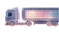 Digital illustration of a semi-truck with a trailer, composed of translucent and grid-like elements in shades of blue, pink, and purple.
