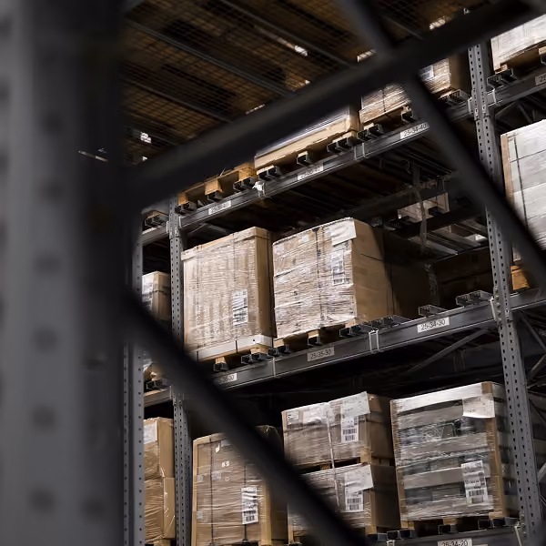 Warehouse racking with large plastic-wrapped boxes on wooden pallets, photographed through a grid of metal bars