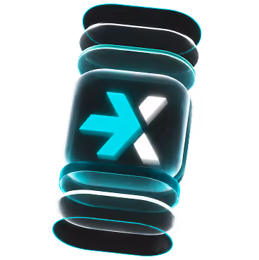 3D-rendered glowing icon with a bold arrow pointing right combined with an 'X' shape, surrounded by translucent rounded rectangular layers stacked vertically against a black background.