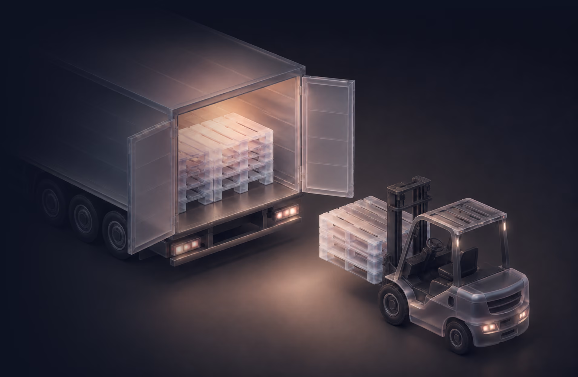 Eine transparente Gabelstapler-LKW-Lkw-Szene zeigt einen Gabelstapler, der Paletten vor einem offenen LKW-Container transportiert, beide beleuchtet in dunkler Umgebung.
