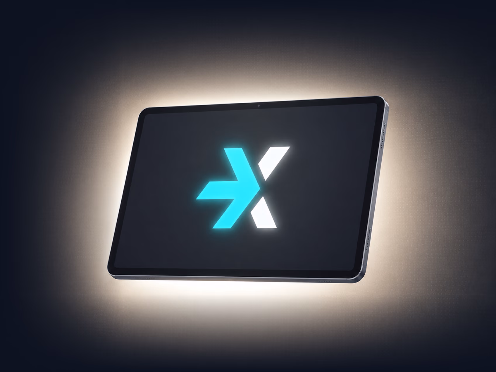 Tablet showing a glowing two-tone X symbol on screen against a dark background with a bright glow around it