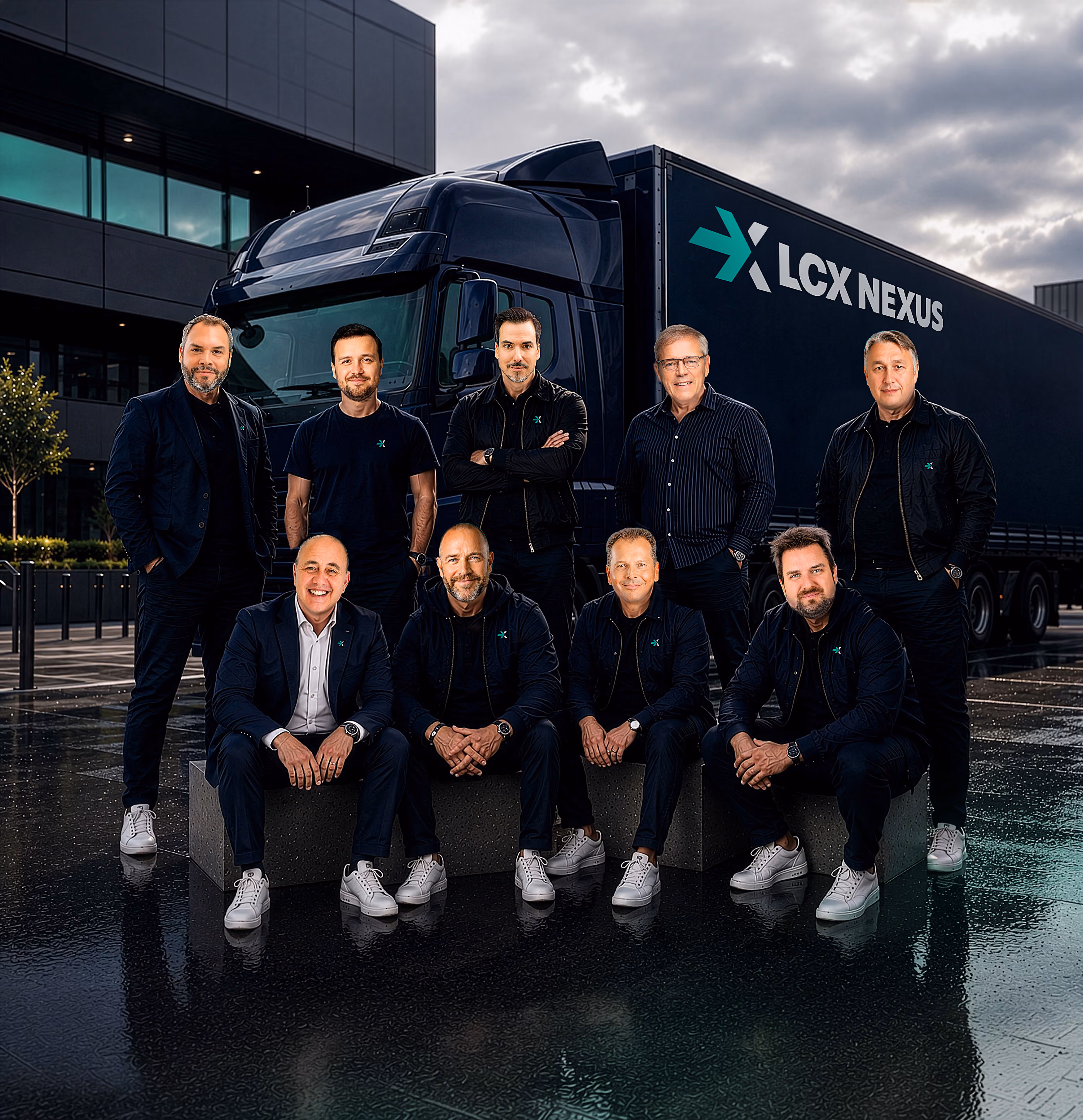 Neun Männer in schwarzer Kleidung posieren vor einem großen schwarzen Lastwagen mit der Aufschrift LCX NEXUS, bei bewölktem Himmel vor einem modernen Gebäude.