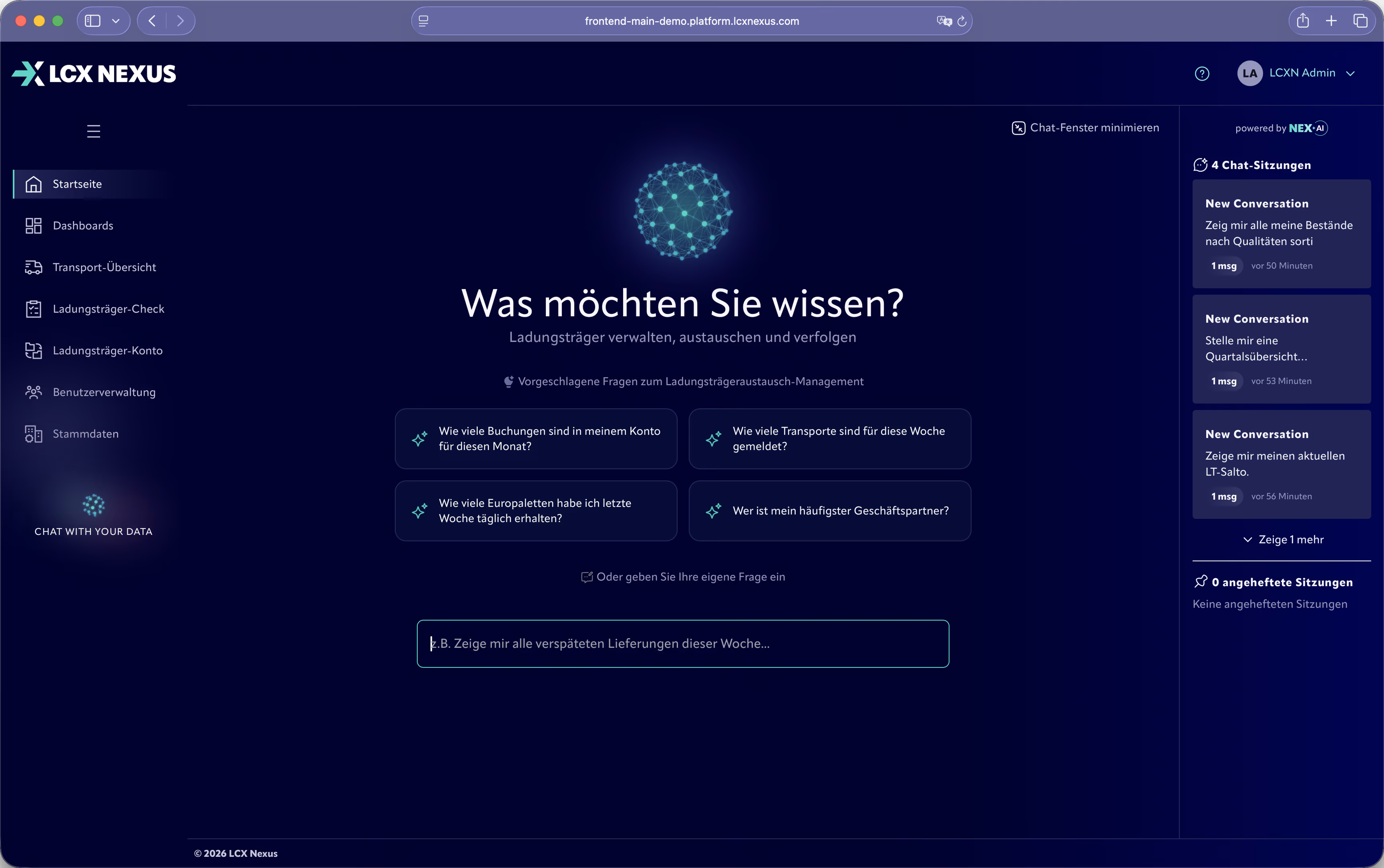 Benutzeroberfläche von LCX Nexus mit einem Chat-Interface, das fragt 'Was möchten Sie wissen?' und Vorschläge zeigt wie Buchungen im Konto, Transporte diese Woche, Europaletten-Erhalt und häufigster Geschäftspartner