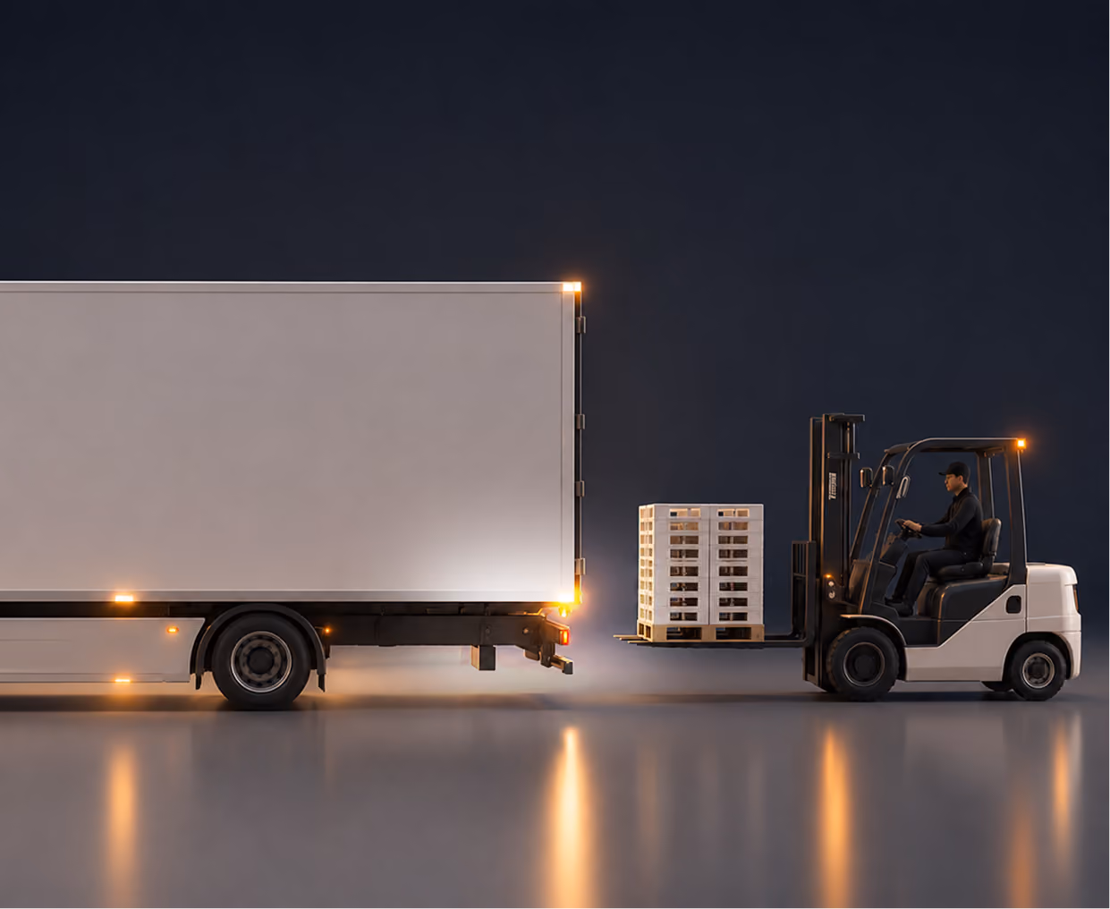 Lkw und Gabelstapler beim Umschlag von Europaletten