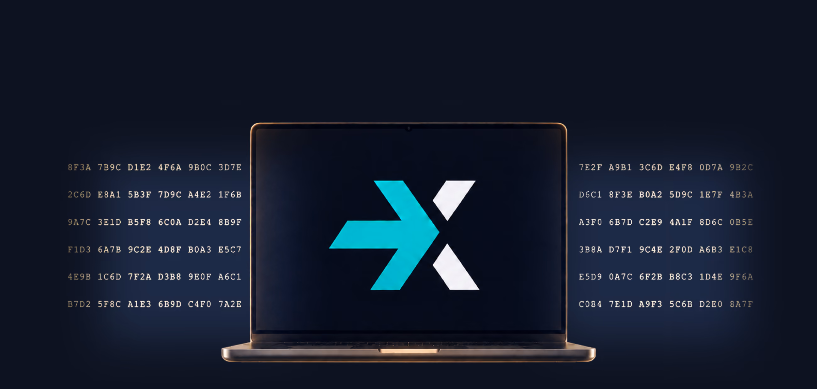 Laptop mit dem LCX-NEXUS-Logo vor einem Code-Hintergrund