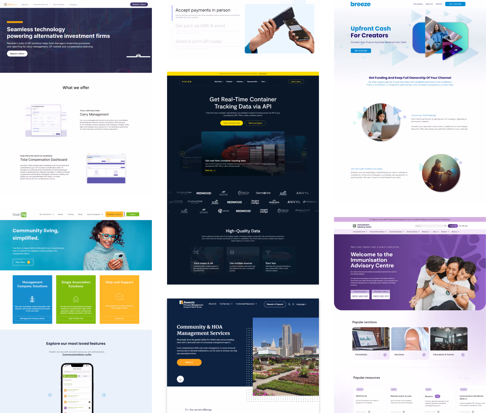 Collage of six different website homepages showcasing tech, community, payments, and advisory services.