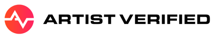 Red circle with black heartbeat line and the words 'Artist Verified' in black text.