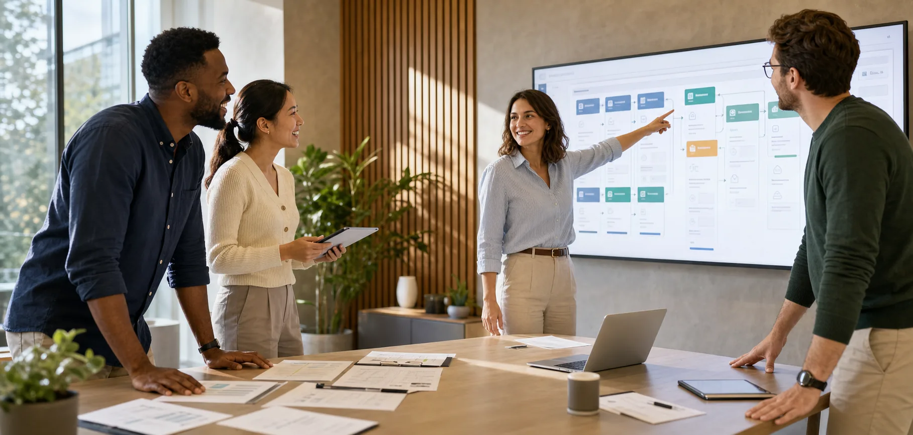 Confident smiling operations team reviewing documents and a workflow dashboard together in a bright modern office.