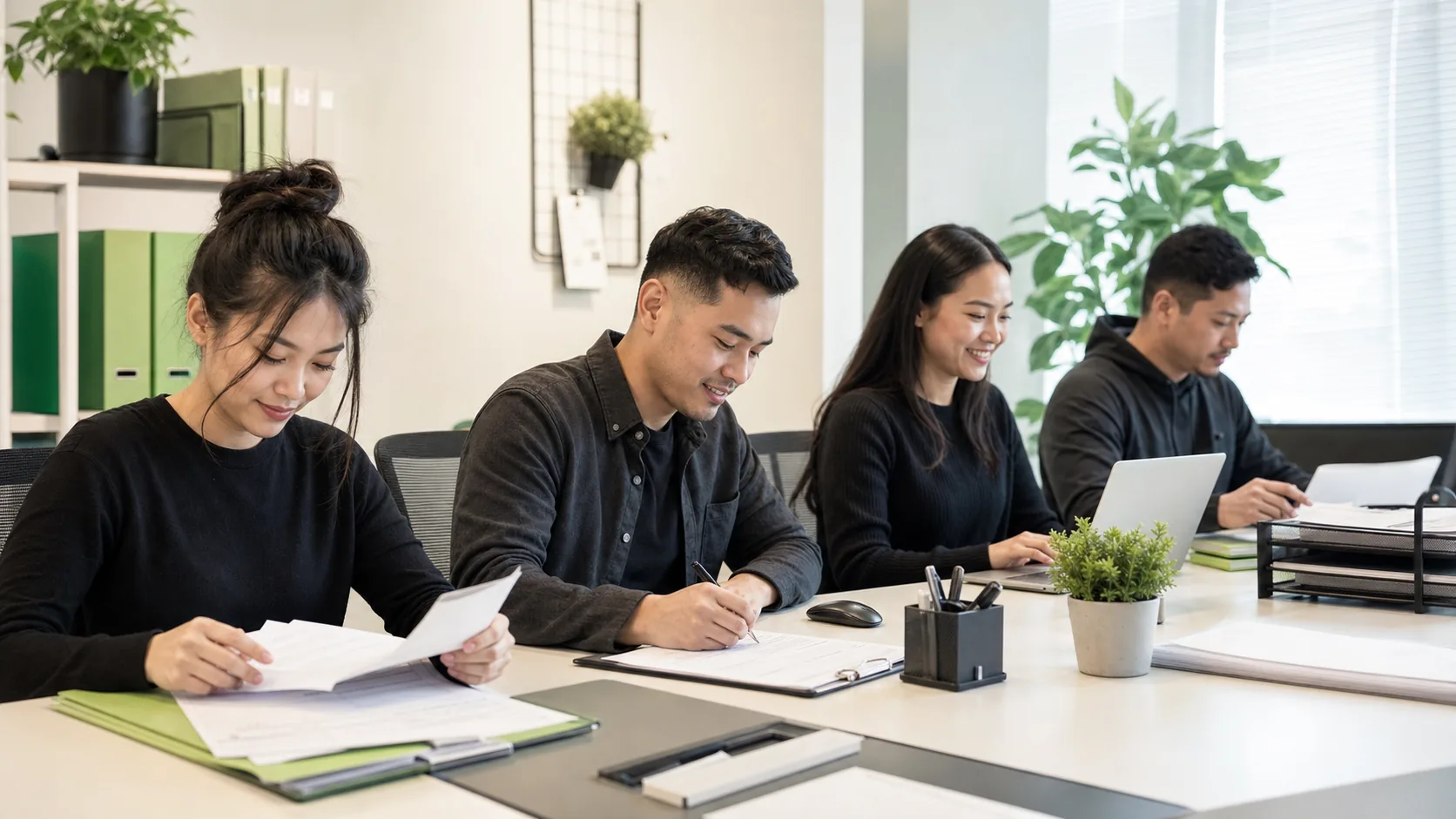 Trained operations team processing forms, checklists, and digital tasks together