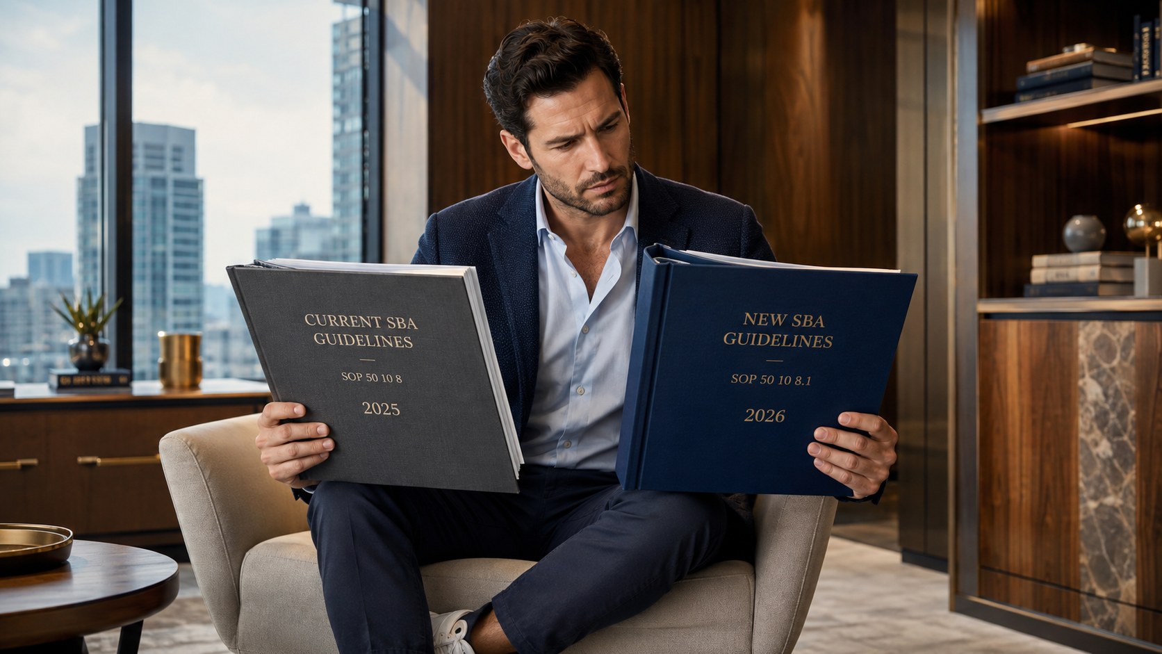 A business buyer comparing two bound volumes of SBA guidelines side by side, the grey SOP 50 10 8 from 2025 and the navy SOP 50 10 8.1 from 2026