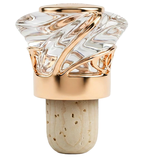 Decorative wine bottle stopper with a cork base and an ornate top featuring clear glass with swirling gold accents and a central gold ring.