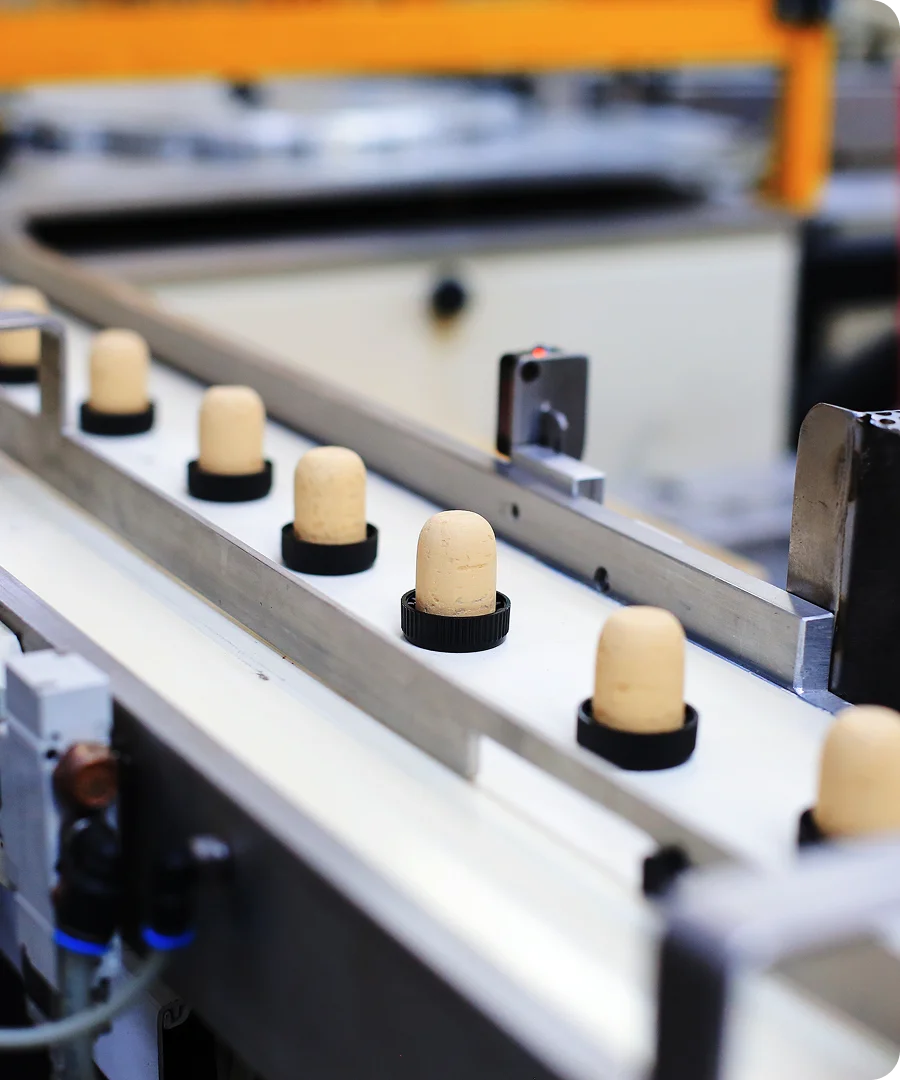 A production line conveyor with several natural cork stoppers set upright in black plastic rings, likely for bottling or packaging.